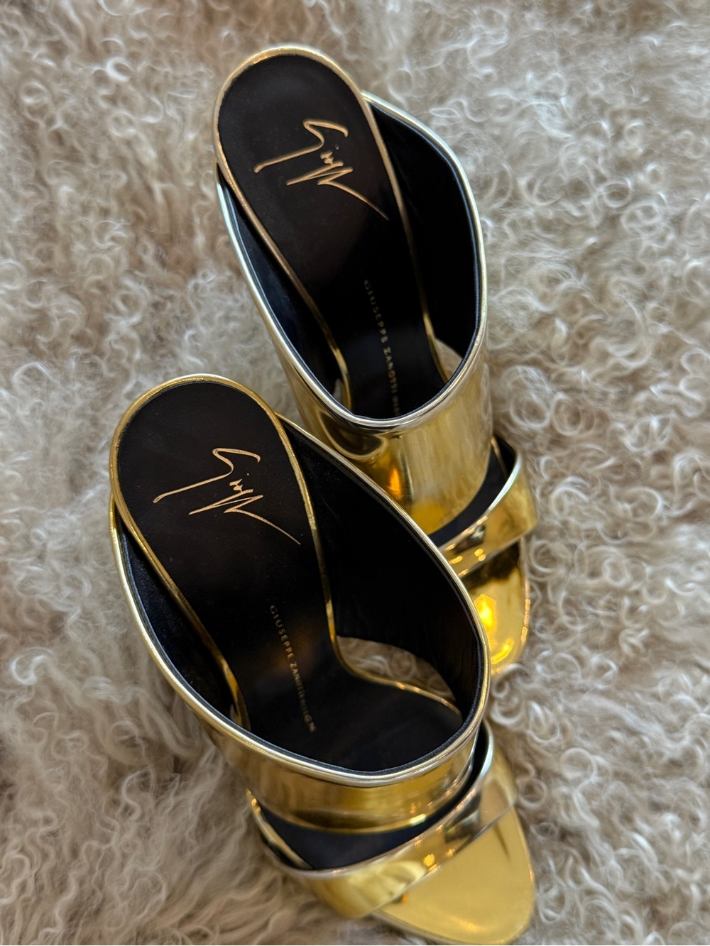 Giuseppe Zanotti Gold Metallic Slide Heels with Black Footbed
